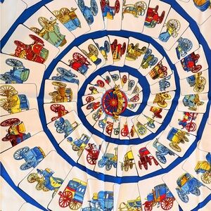 Spiral Vintage Car Print Silk-Feel Scarf in Blue, Red, Yellow